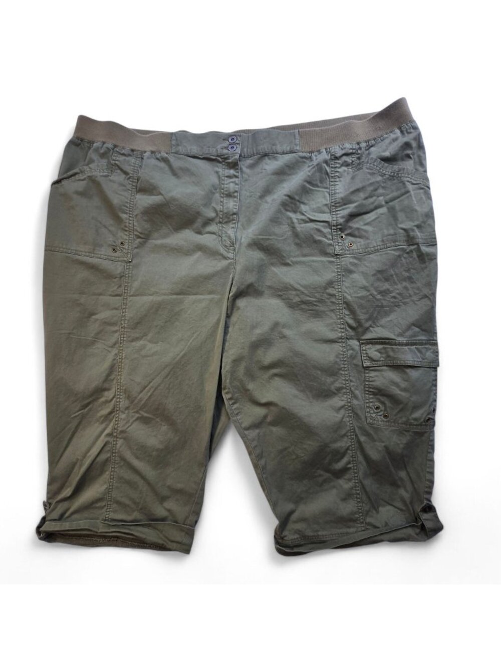 Liz & Me Womens Cargo Capri Pants Elastic Waist Olive Green Size 5X Cotton Blend